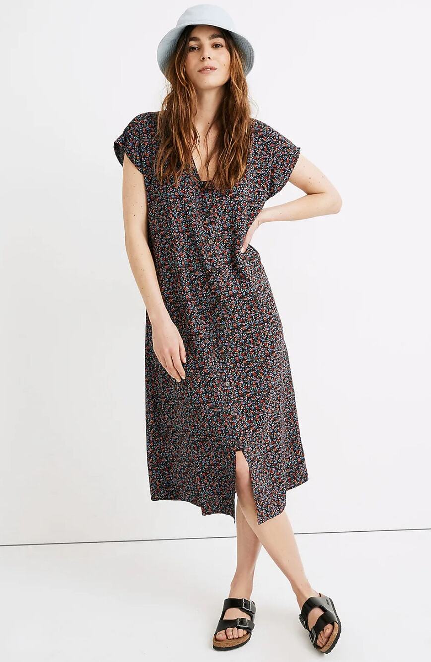Madewell V-neck Floral Easy Midi Dress WMNS S Multicolor Cap Sleeve Fieldwalk